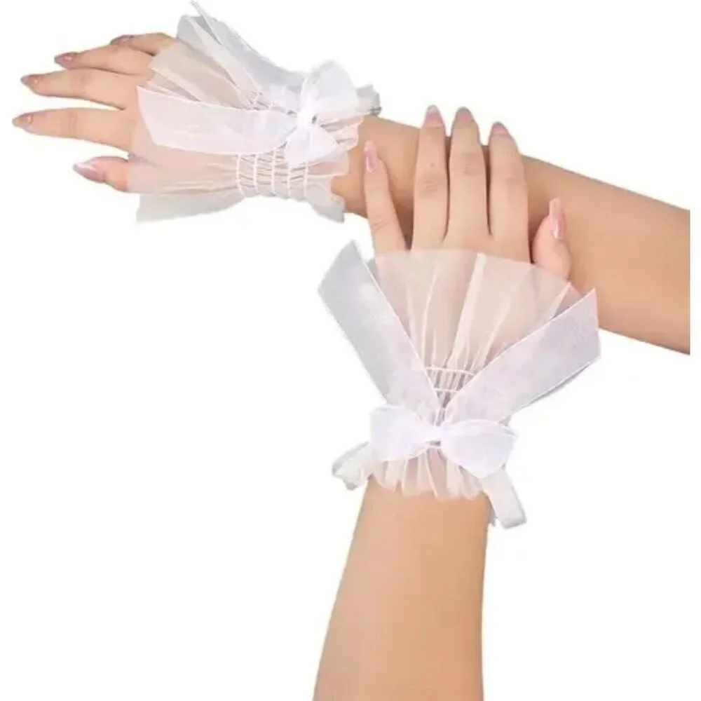 Women's Bow Lace White Wrist Cuff Hand Sleeve Gloves Wedding Party Decoration